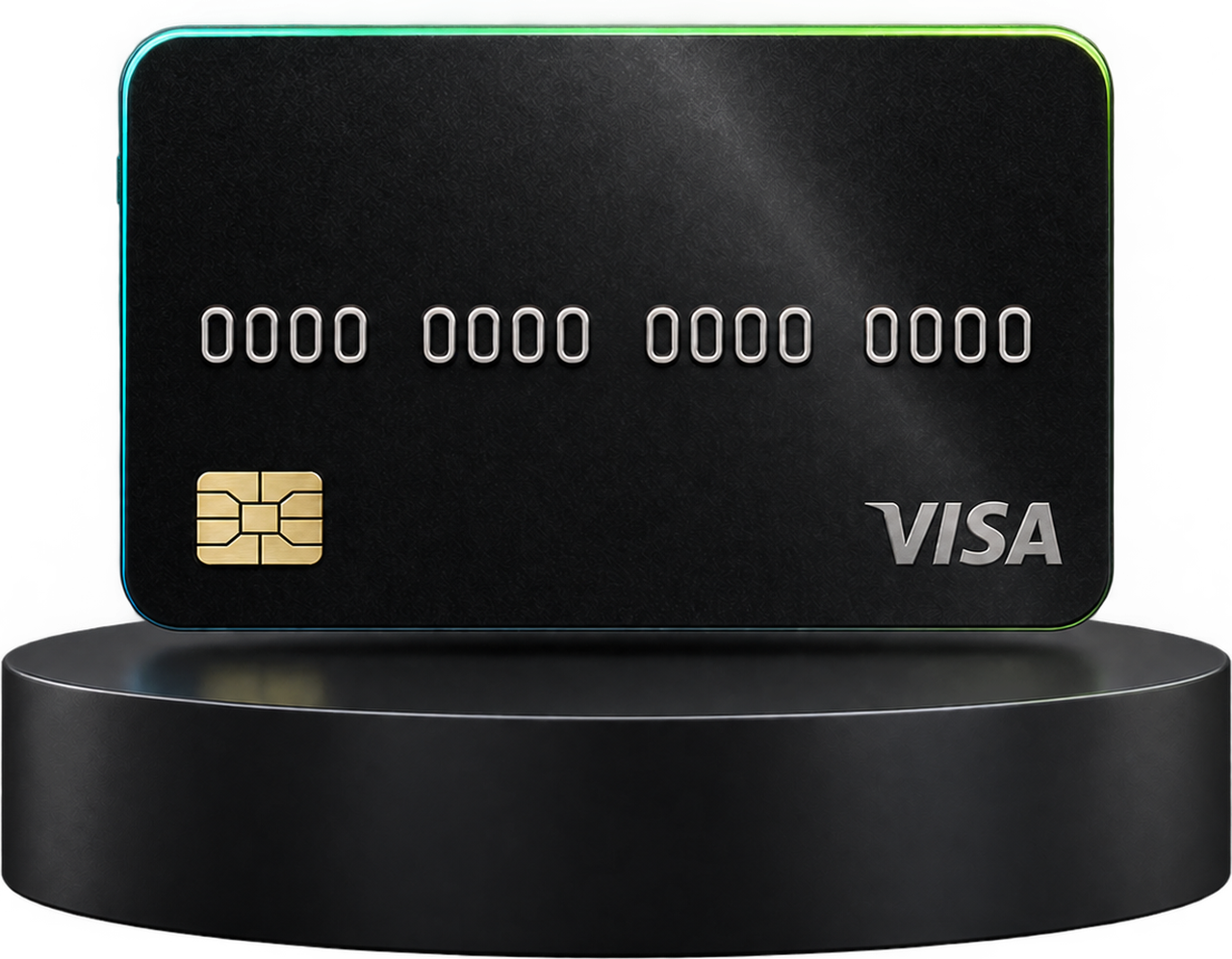 The Stakeplay Visa card, black with a glowing edge, standing on a pedestal